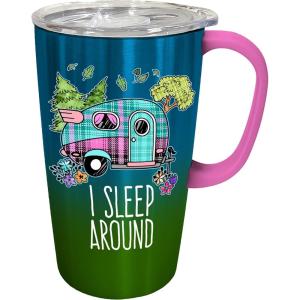 Spoontiques – Stainless Steel Travel Mug with Handle – 18 oz Capacity – Double Wall Stainless Steel with Sliding Lock Travel Lid – 6” Tall – I Sleep Around Stainless Travel Mug