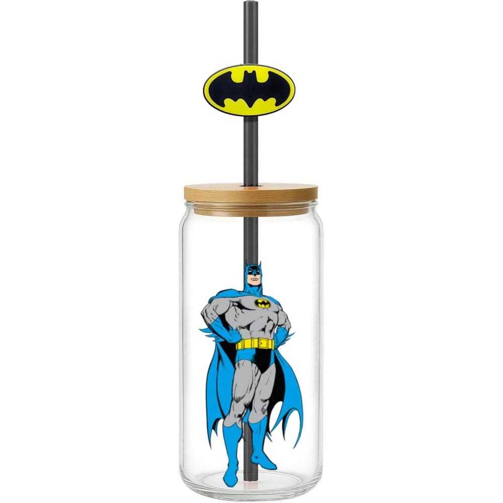image:imageSpoontiques Batman Glass wLid and Straw Charm 20oz  675 Tall Decorative Glass Straw Included Ideal for Hot amp Cold Beverages