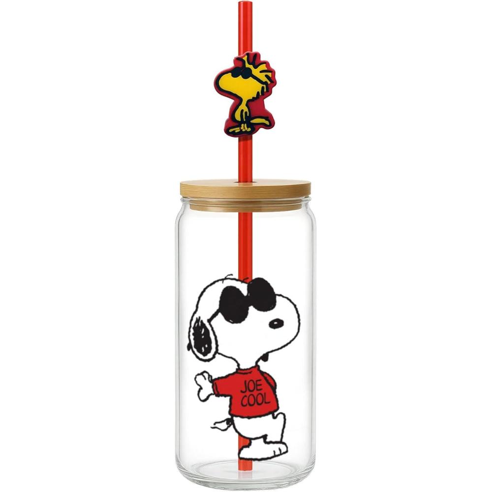 image:imageSpoontiques Joe Cool Glass wLid and Straw Charm 20oz  675 Tall Decorative Glass Straw Included Ideal for Hot amp Cold Beverages