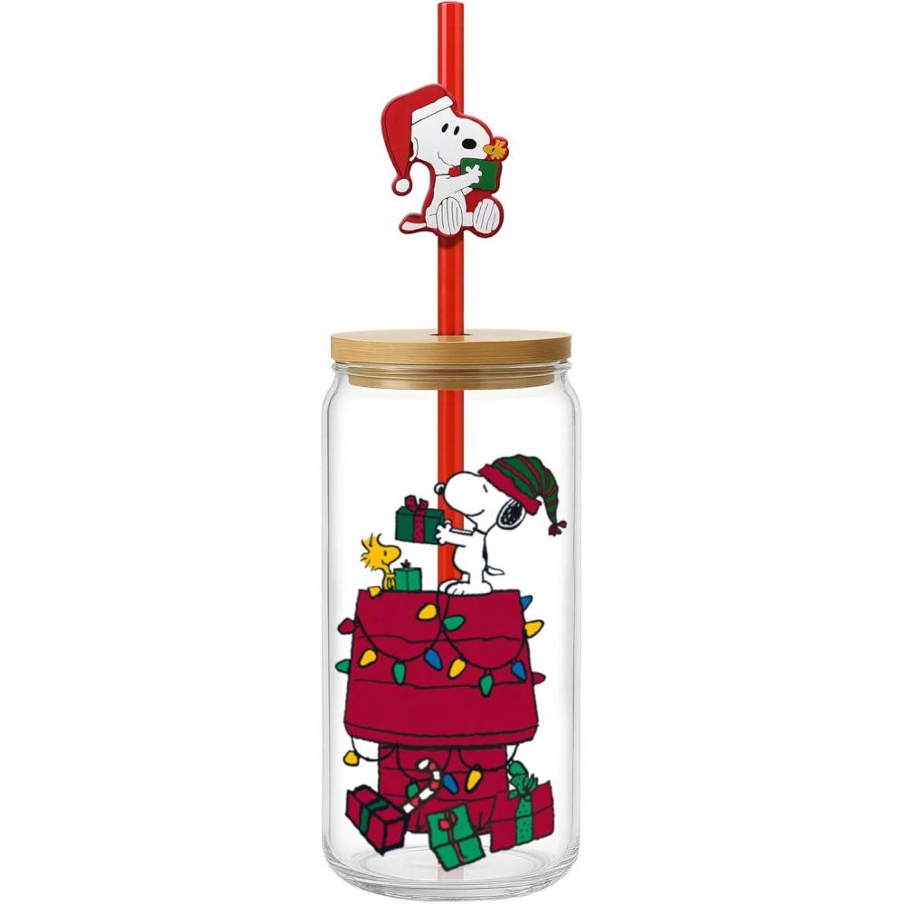 image:imageSpoontiques Peanuts Christmas Glass wLid and Straw Charm 20oz 675 Tall Decorative Glass Straw Included Ideal for Hot amp Cold Beverages