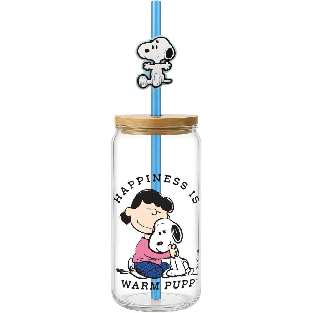 image:imageSpoontiques Snoopy Happiness Glass wLid and Straw Charm 20oz 675 Tall Decorative Glass Straw Included Ideal for Hot amp Cold Beverages