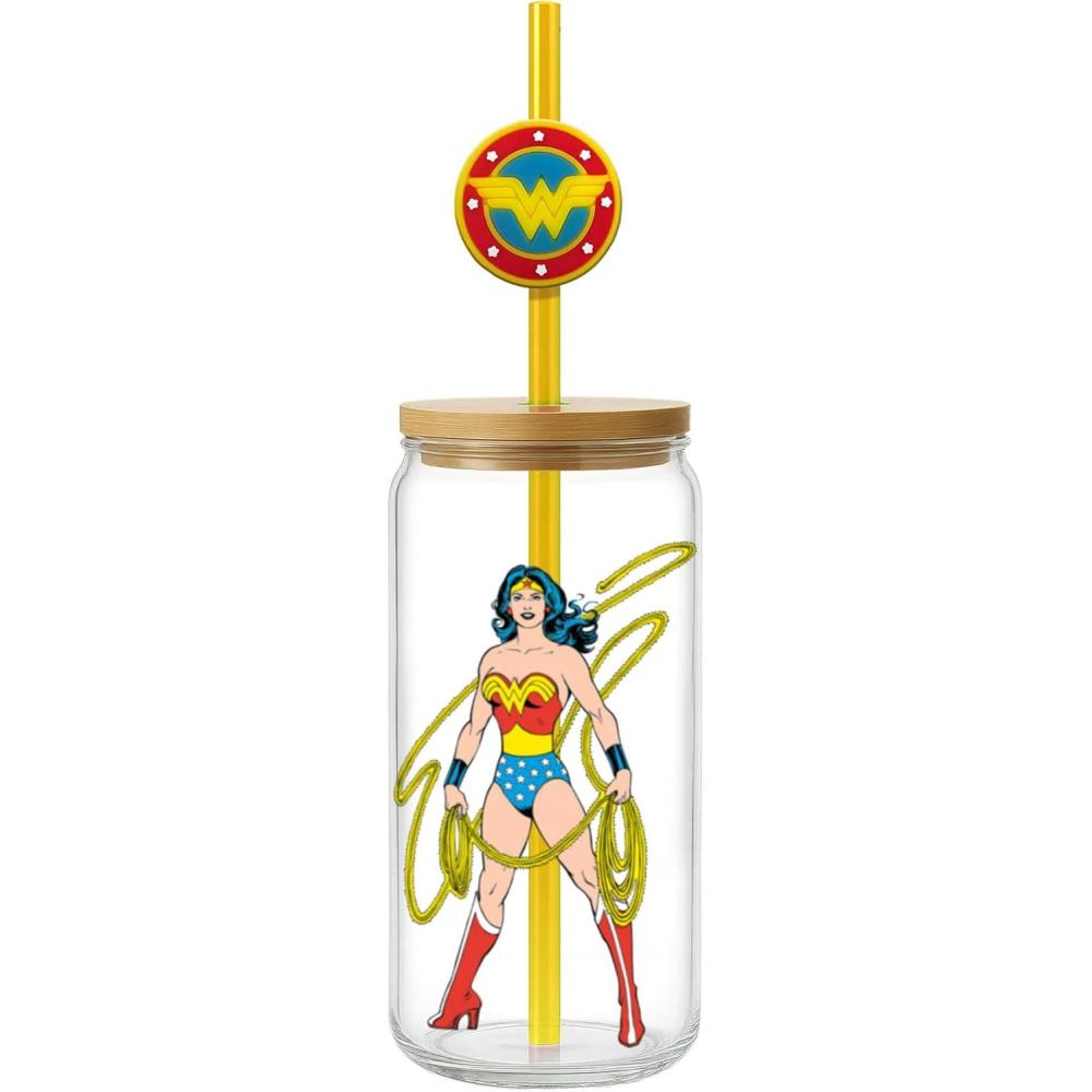image:imageSpoontiques Wonder Woman Glass wLid and Straw Charm 20oz  675 Tall Decorative Glass Straw Included Ideal for Hot amp Cold Beverages