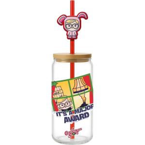 Spoontiques Christmas Story Glass w/Lid and Straw Charm, 20oz – 6.75” Tall Decorative Glass, Straw Included, Ideal for Hot & Cold Beverages