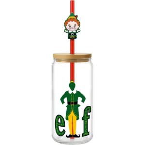 Spoontiques Elf Glass w/Lid and Straw Charm, 20oz – 6.75” Tall Decorative Glass, Straw Included, Ideal for Hot & Cold Beverages