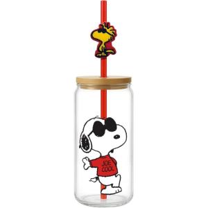 Spoontiques Joe Cool Glass w/Lid and Straw Charm, 20oz – 6.75” Tall Decorative Glass, Straw Included, Ideal for Hot & Cold Beverages