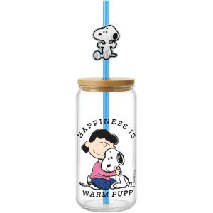 Spoontiques Snoopy Happiness Glass w/Lid and Straw Charm, 20oz – 6.75” Tall Decorative Glass, Straw Included, Ideal for Hot & Cold Beverages