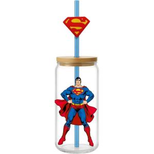 Spoontiques Superman Glass w/Lid and Straw Charm, 20oz – 6.75” Tall Decorative Glass, Straw Included, Ideal for Hot & Cold Beverages