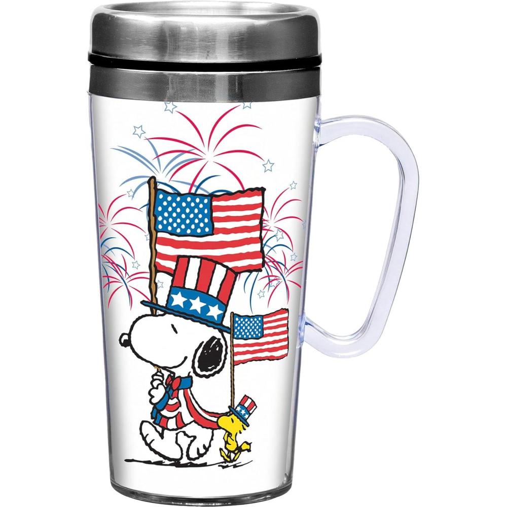 image:imageSpoontiques Snoopy Americana 14oz Insulated Travel Mug Stainless Steel Drink Cup with Travel Lid and Sliding Lock 7 Tall Holds Hot and Cold Beverages