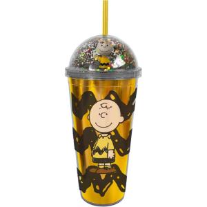 Spoontiques Charlie Brown Dome Top Tumbler, 20oz – Glitter-Filled Dome Top with Enclosed Figurine & Coordinating Reusable Straw – 10″ Tall Double Wall Insulated Travel Cup