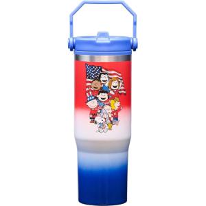 Spoontiques Peanuts Americana 30oz Stainless Steel Bottle – 10″ Tall, Twist Off Lid & Carrying Handle – Stainless Steel Outer Wall & Acrylic Inner Wall