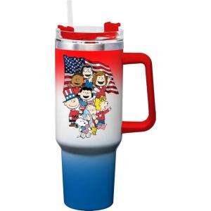Spoontiques Peanuts Americana 40oz Stainless Steel Travel Mug – Double Wall Stainless Steel with Sliding Lock Travel Lid – 11″ Tall