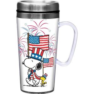 Spoontiques Snoopy Americana 14oz Insulated Travel Mug – Stainless Steel Drink Cup with Travel Lid and Sliding Lock – 7″ Tall – Holds Hot and Cold Beverages