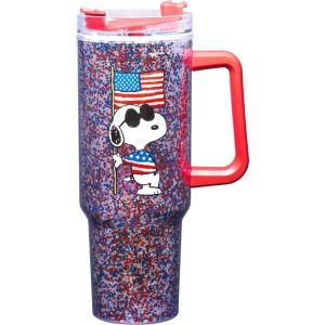 Spoontiques Snoopy Americana 40oz Glitter Acrylic Travel Mug – Double Wall Acrylic with Sliding Lock Travel Lid and Straw – 11″ Tall