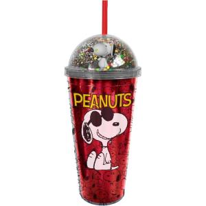 Spoontiques Snoopy Dome Top Tumbler, 20oz – Glitter-Filled Dome Top with Enclosed Figurine & Coordinating Reusable Straw – 10″ Tall Double Wall Insulated Travel Cup