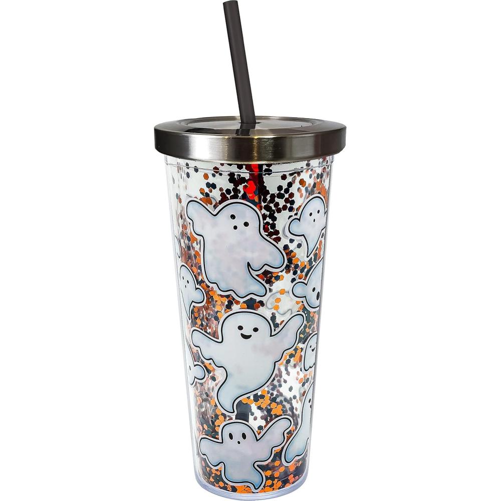 image:imageSpoontiques  Glitter Filled Acrylic Tumbler  Glitter Cup with Straw  20 oz Stainless Steel Locking Lid with Straw  Double Wall Insulated  BPA Free  Boo