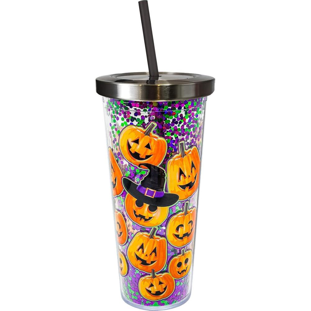 image:imageSpoontiques  Glitter Filled Acrylic Tumbler  Glitter Cup with Straw  20 oz Stainless Steel Locking Lid with Straw  Double Wall Insulated  BPA Free  Pumpkins