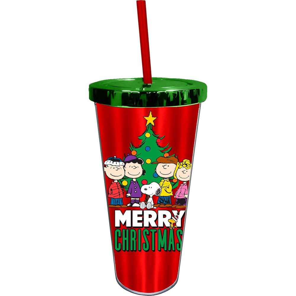 image:imageSpoontiques Acrylic Foil Cup with Straw 20oz Metallic Locking Double Wall Insulated BPA Free Peanuts Christmas