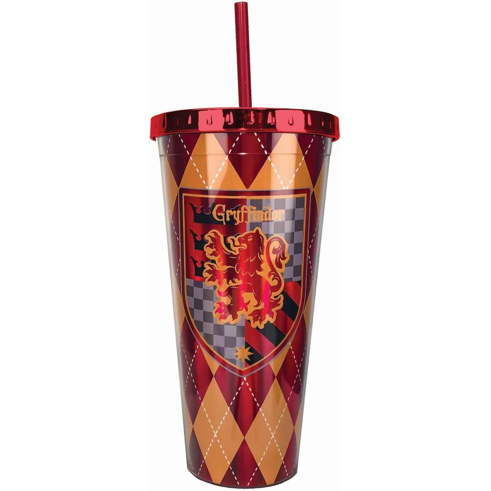 image:imageSpoontiques Harry Potter Acrylic Foil Cup with Straw 20oz Metallic Locking Double Wall Insulated BPA Free Gryffindor