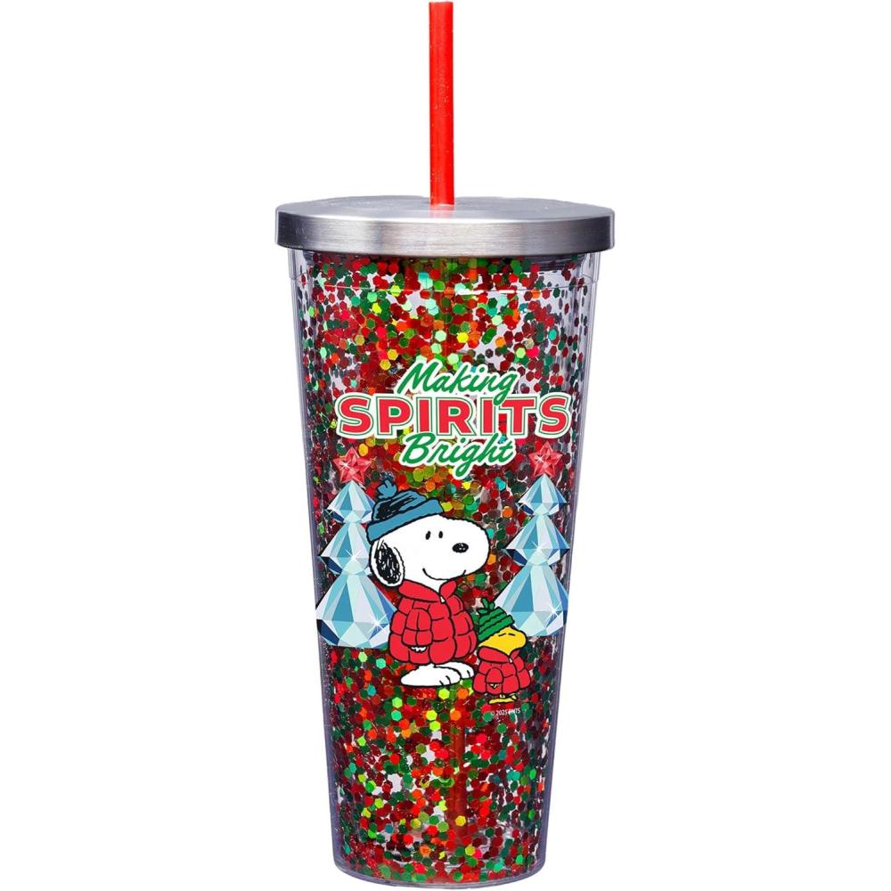 image:imageSpoontiques Peanuts Happiness Glitter Cup  20oz Acrylic Foil Cup with Straw  Metallic Locking Lid  Double Wall Insulated and BPA FreePeanuts Spirits Bright