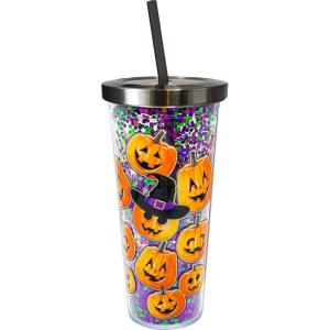 Spoontiques – Glitter Filled Acrylic Tumbler – Glitter Cup with Straw – 20 oz - Stainless Steel Locking Lid with Straw – Double Wall Insulated – BPA Free – Pumpkins