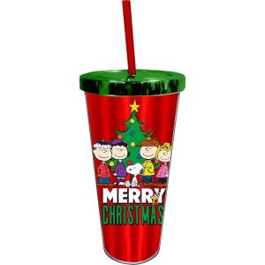 Spoontiques Acrylic Foil Cup with Straw, 20oz – Metallic Locking, Double Wall Insulated, BPA Free – Peanuts Christmas