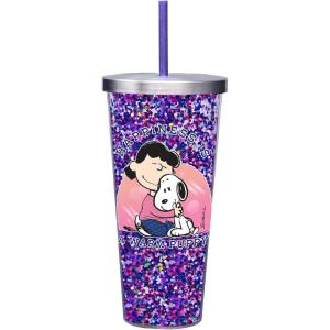 Spoontiques Peanuts Happiness Glitter Cup – 20oz Acrylic Foil Cup with Straw – Metallic Locking Lid – Double Wall Insulated and BPA Free(Peanuts Happiness)