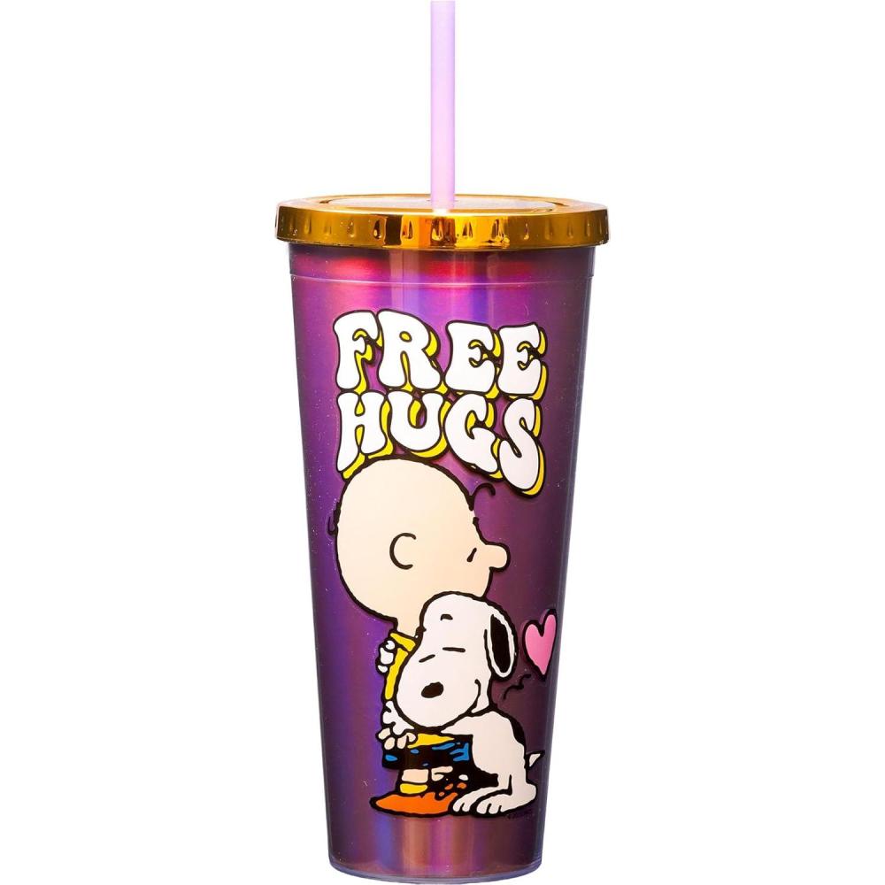image:imageSpoontiques Peanuts Free Hugs Foil Cup 20oz Acrylic Foil Cup with Straw Metallic Locking Lid Double Wall Insulated and BPA Free