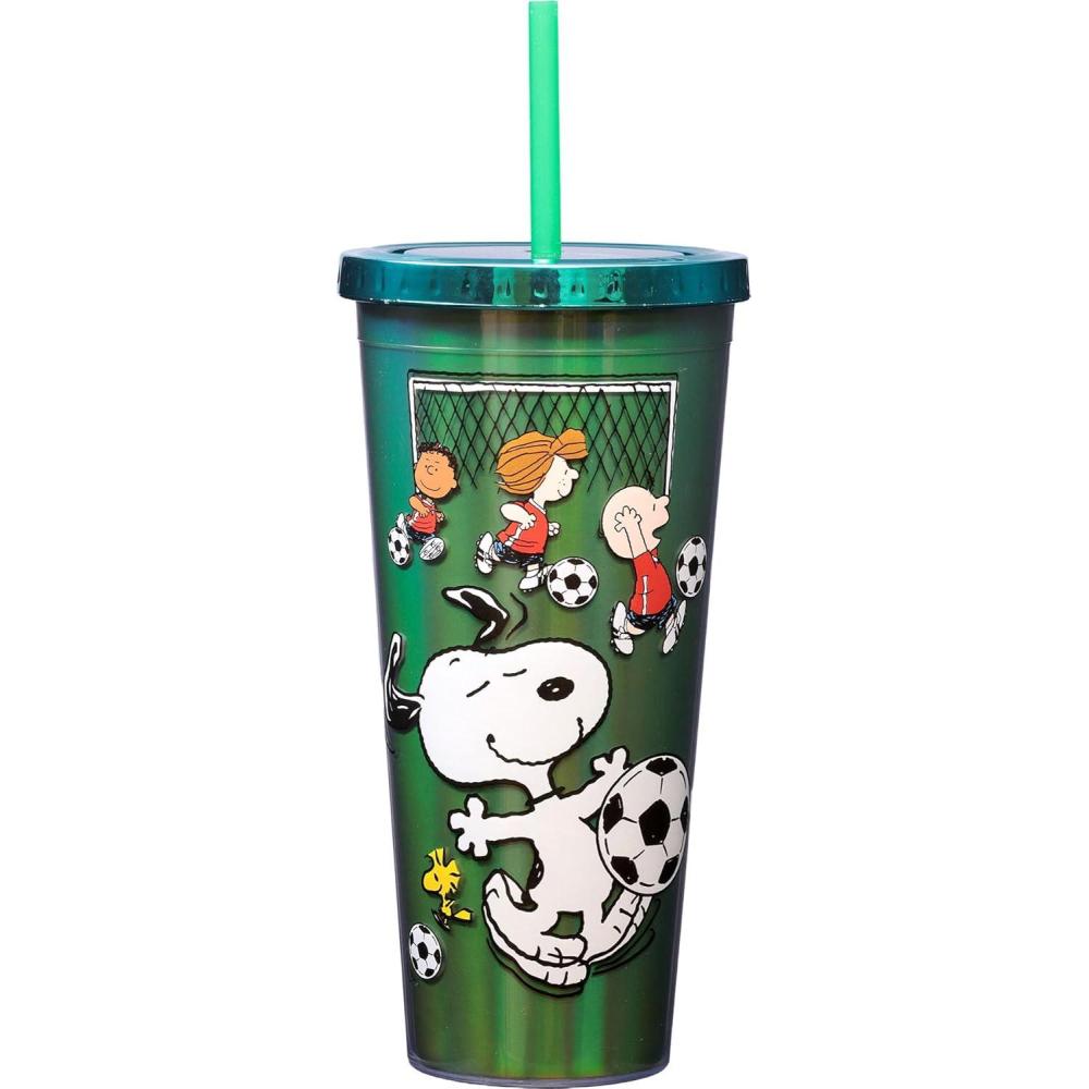 image:imageSpoontiques Peanuts Soccer Foil Cup 20oz Acrylic Foil Cup with Straw Metallic Locking Lid Double Wall Insulated and BPA Free