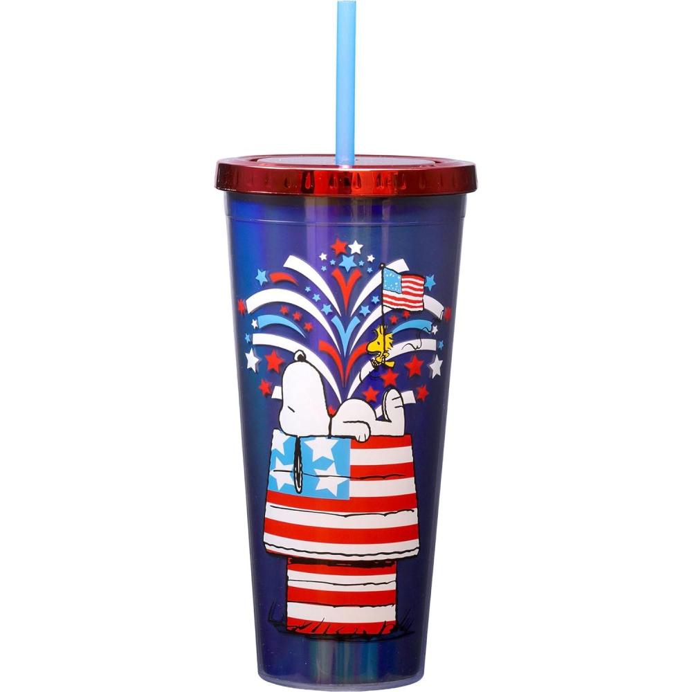 image:imageSpoontiques Snoopy Americana Foil Cup 20oz Acrylic Foil Cup with Straw Metallic Locking Lid Double Wall Insulated and BPA Free