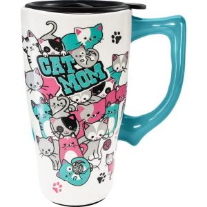 Spoontiques – Ceramic Travel Coffee Mug with Lid and Handle – Spill Proof Lid – Double Walled Mug for Hot and Cold Beverages – Microwave and Dishwasher Safe – Cat Mom Travel Mug