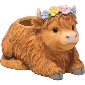 Spoontiques Highland Cow Flower Pot – Decorative Flower Pots for Indoor and Outdoor Use – Hand Painted Resin Plant Pot – Home and Garden Décor