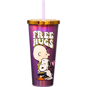 Spoontiques Peanuts Free Hugs Foil Cup – 20oz Acrylic Foil Cup with Straw – Metallic Locking Lid – Double Wall Insulated and BPA Free