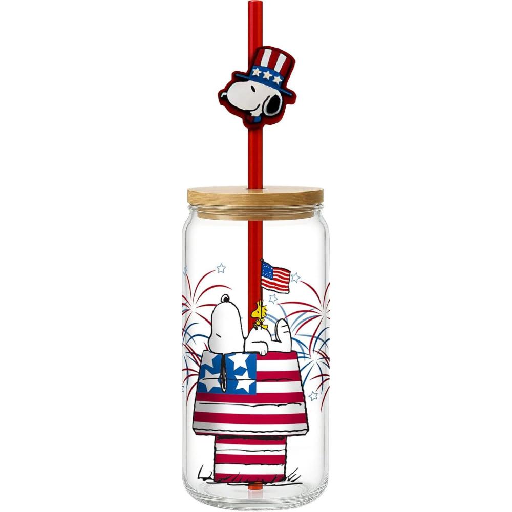 image:imageSpoontiques Snoopy Americana Glass wLid and Straw Charm 20oz 675 Tall Decorative Glass Straw Included Ideal for Hot amp Cold Beverages