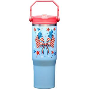 Spoontiques Americana 30oz Stainless Steel Bottle – 10″ Tall, Twist Off Lid & Carrying Handle – Stainless Steel Outer Wall & Acrylic Inner Wall