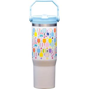 Spoontiques Pickleball 30oz Stainless Steel Bottle – 10″ Tall, Twist Off Lid & Carrying Handle – Stainless Steel Outer Wall & Acrylic Inner Wall