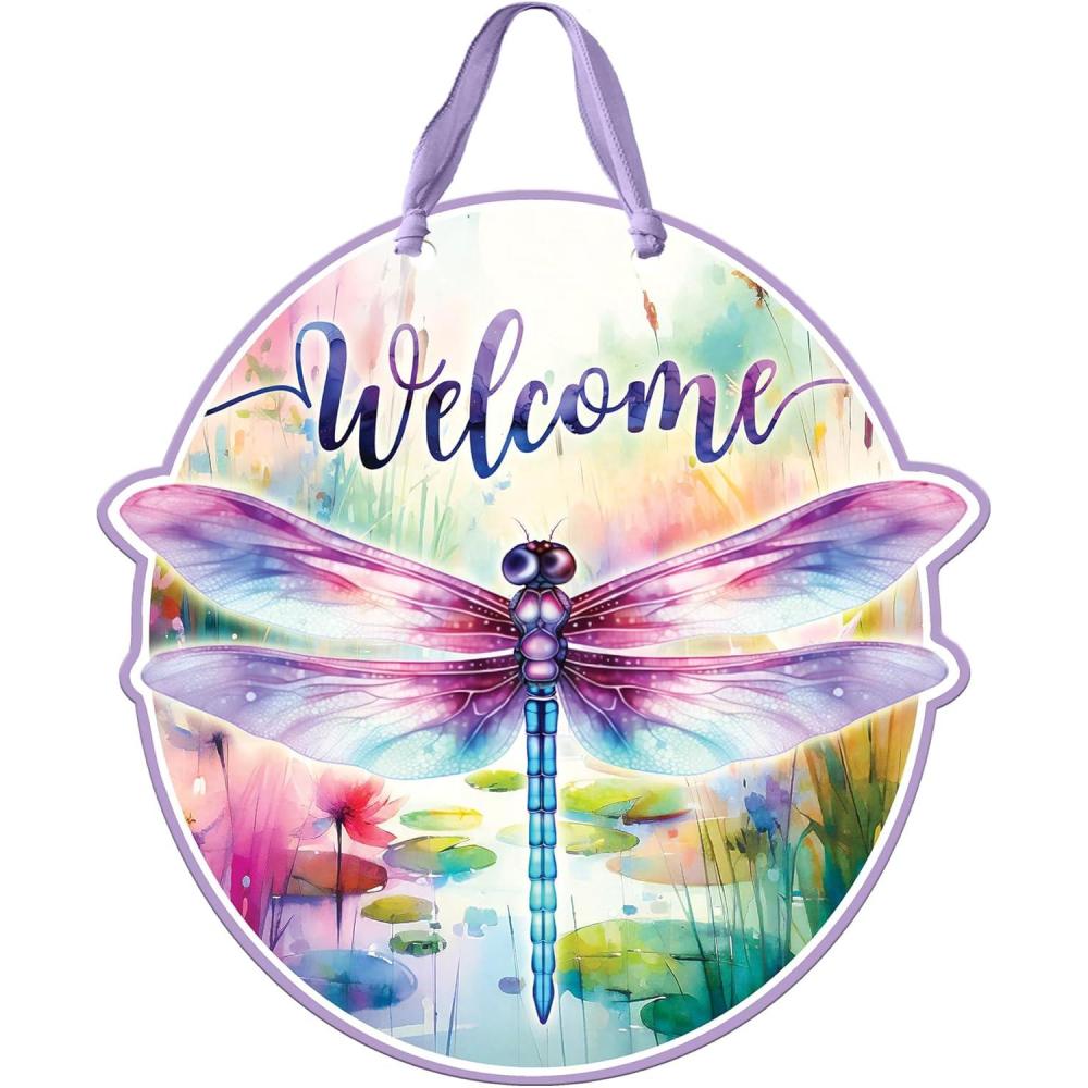 image:imageSpoontiques Door Dcor Sign  Weatherproof PVC Signs for Indoor or Outdoor Use Includes Decorative Ribbon for Hanging Dragonfly Door Sign