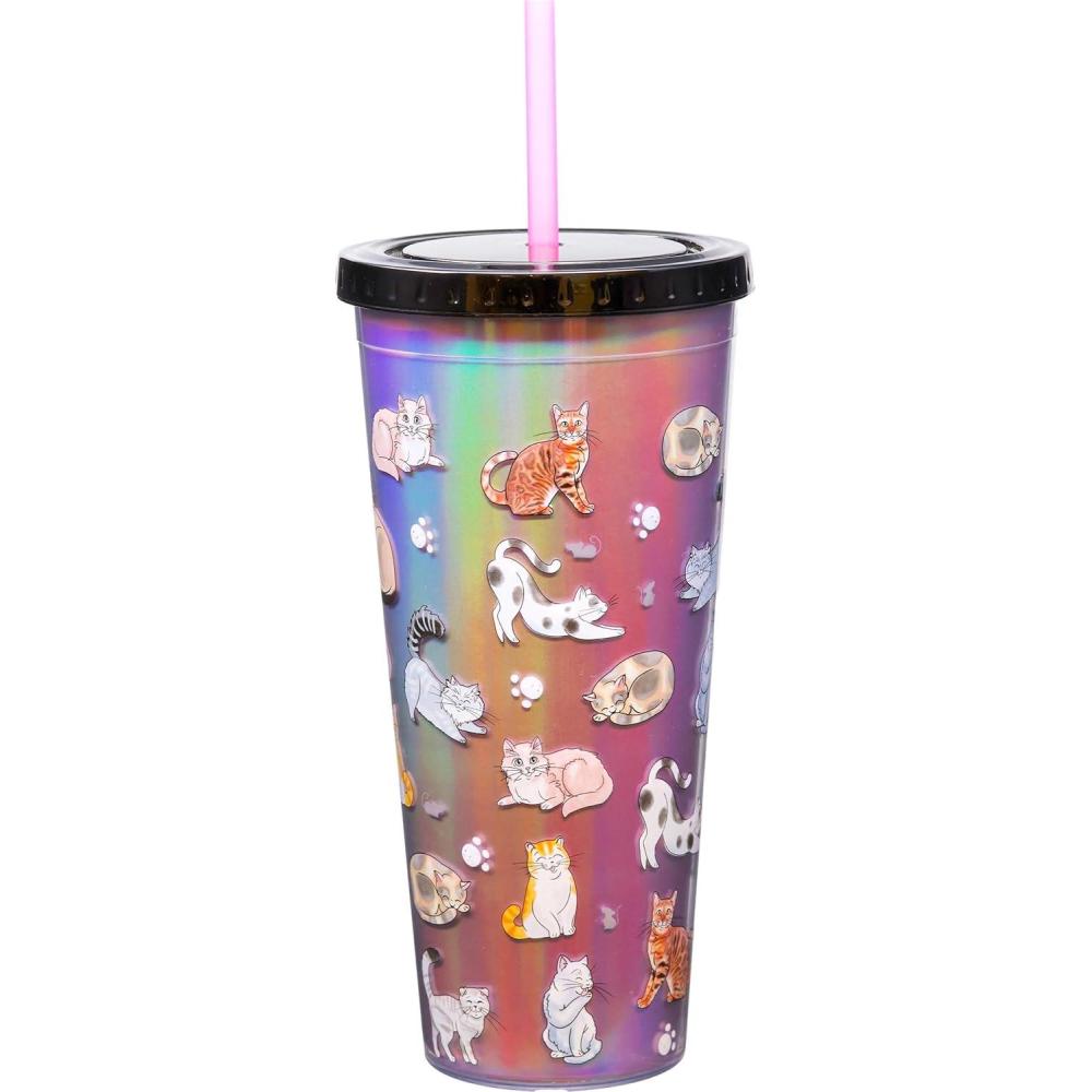 image:imageSpoontiques Acrylic Foil Cup with Straw 20 Metallic Locking Lid with Straw Double Wall Insulated BPA Free Cat Doodles Foil Cup 20 Oz