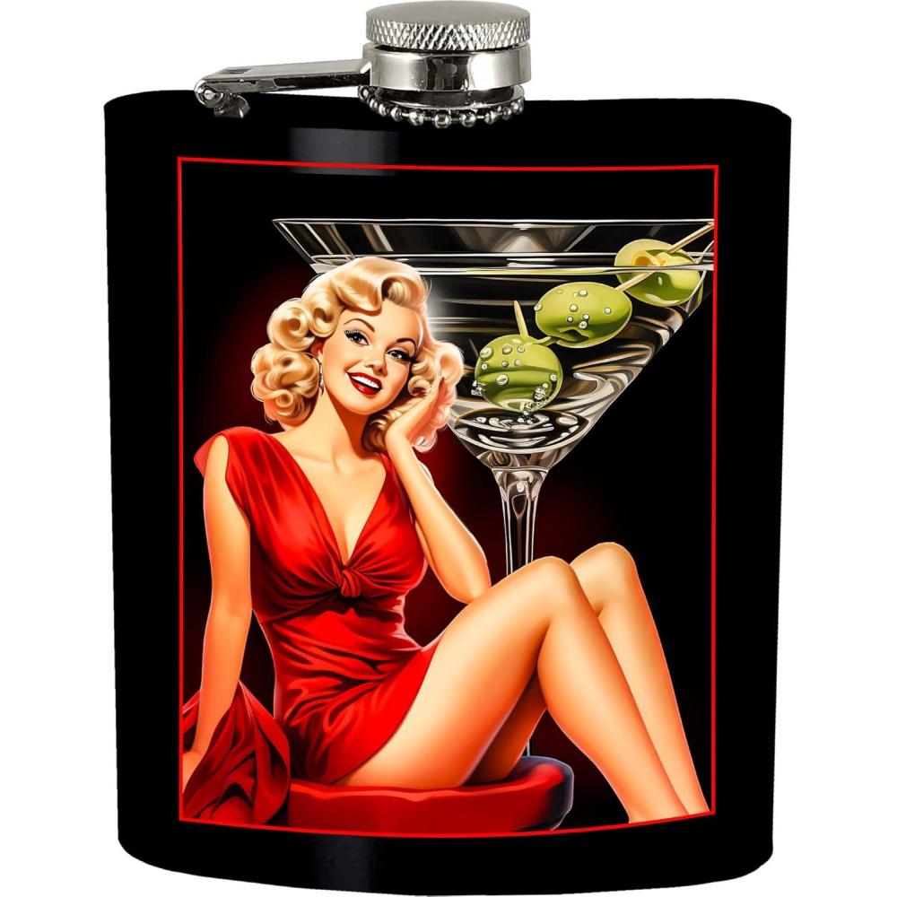 image:imageSpoontiques Martini Pin Up Girl Stainless Steel Hip Flask  Functional Drinkware  7oz Liquid Capacity with Stainless Steel Refill Funnel  4 34 Tall  Gift for Birthday Bachelor Party