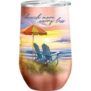 Spoontiques Beach Stainless Steel Wine Tumbler, 16 Oz – Double Wall Insulated Drink Cup with Sliding Lock Lid for Travel – White, Red, Rose, Champagne
